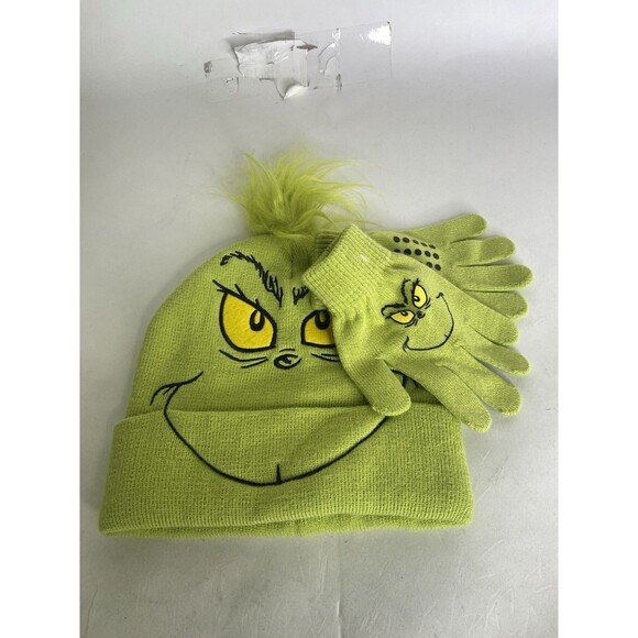 The Grinch Green Youth Kids Boys Girls Beanie Hat Cap With Gloves Set OSFM - Picture 1 of 6